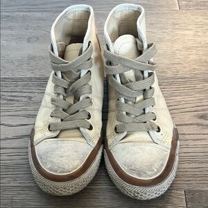 Frye Youth Distressed (converse-like) Leather Sneakers in Cream and Brown